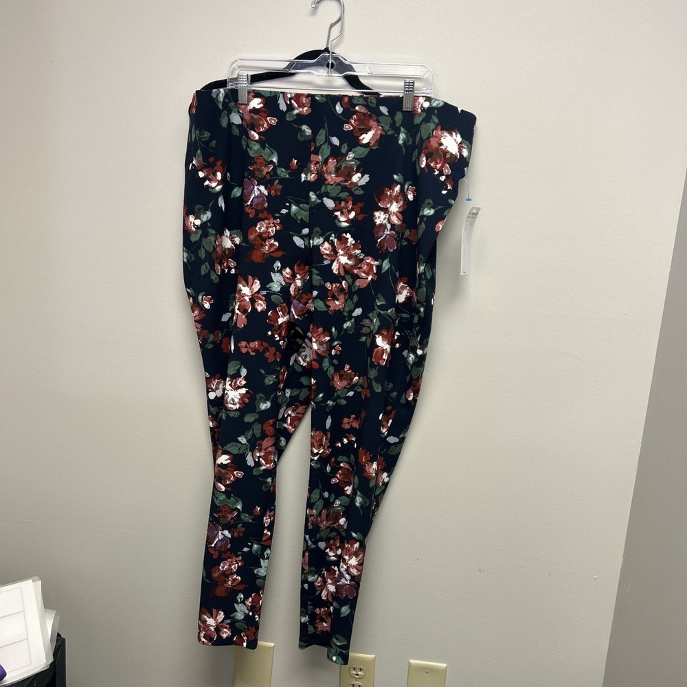 Nina Leonard Womens Knit Pants 3X Blue Floral Tapered Leg
